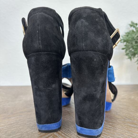 Vince Camuto Color Block Bue Black Suede Platform Sandals Heels Size 8.5 Shoes - Picture 8 of 11